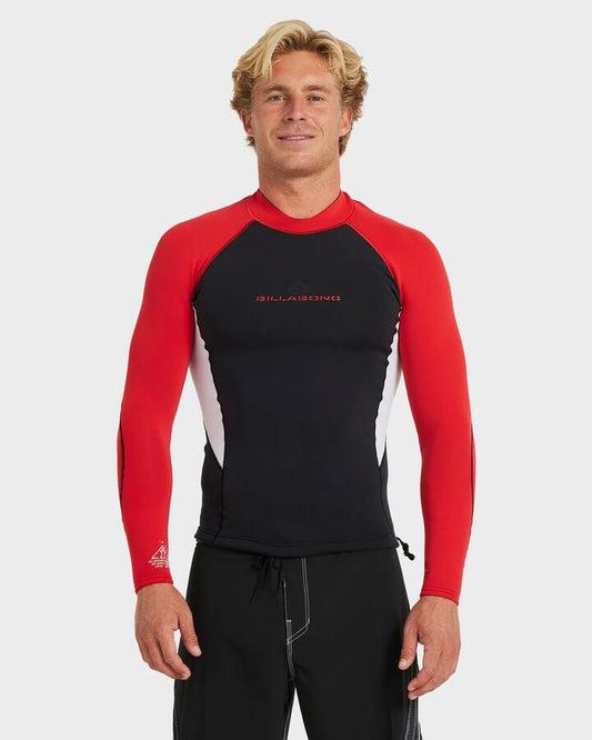 Image of a model wearing Tops. Productname: billabong - Mens 1/1Mm Revolution Long Sleeve Wetsuit Top - Deep Red - in Deep Red colour by brand - billabong
