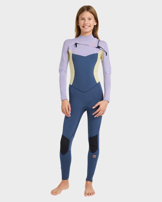 Image of a model wearing Tops. Product name - Billabong Girls 8-16 4/3Mm Synergy Natural Gbs Chest Zip Long Sleeve Fullsuit Stormy Blue in Stormy Blue colour by brand - Billabong