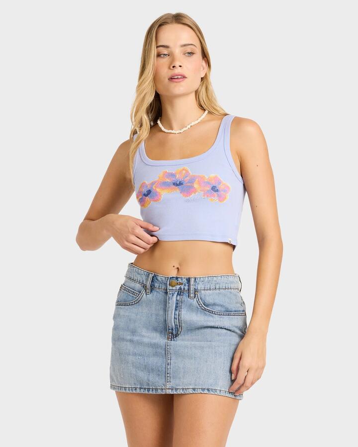 Image of a model wearing Tops. Productname: billabong - Womens Paradise Trio Cropped Tank - Twilight Blue - in Twilight Blue colour by brand - billabong