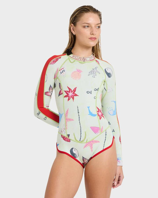 Image of a model wearing Tops. Productname: billabong - Womens Glider Back Zip Springsuit - Light Lime - in Light Lime colour by brand - billabong