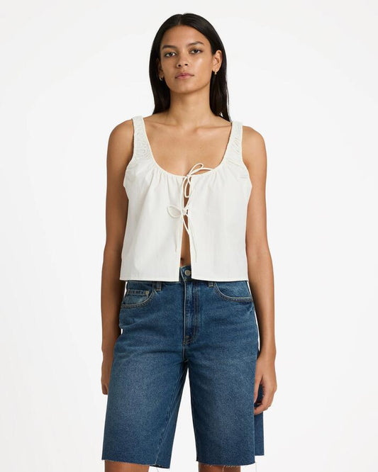 Image of a model wearing Shorts. Productname: rvca - Womens Long Beach Denim Shorts - Harbor Blue - in Harbor Blue colour by brand - rvca