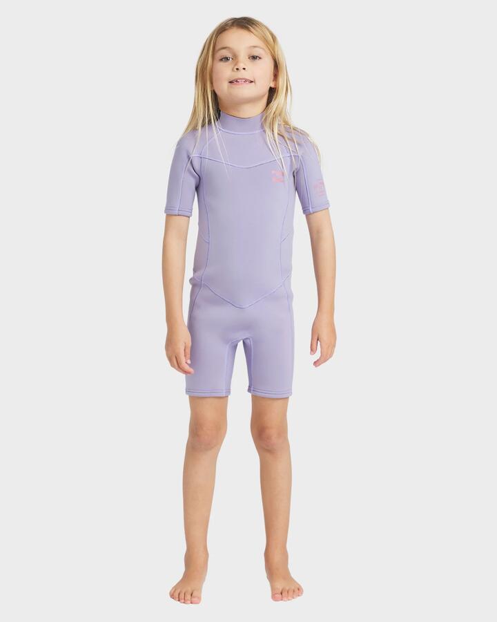 Image of a model wearing Tops. Productname: billabong - Toddlers 2/2Mm Synergy Back Zip Short Sleeve Springsuit - Grey Violet - in Grey Violet colour by brand - billabong