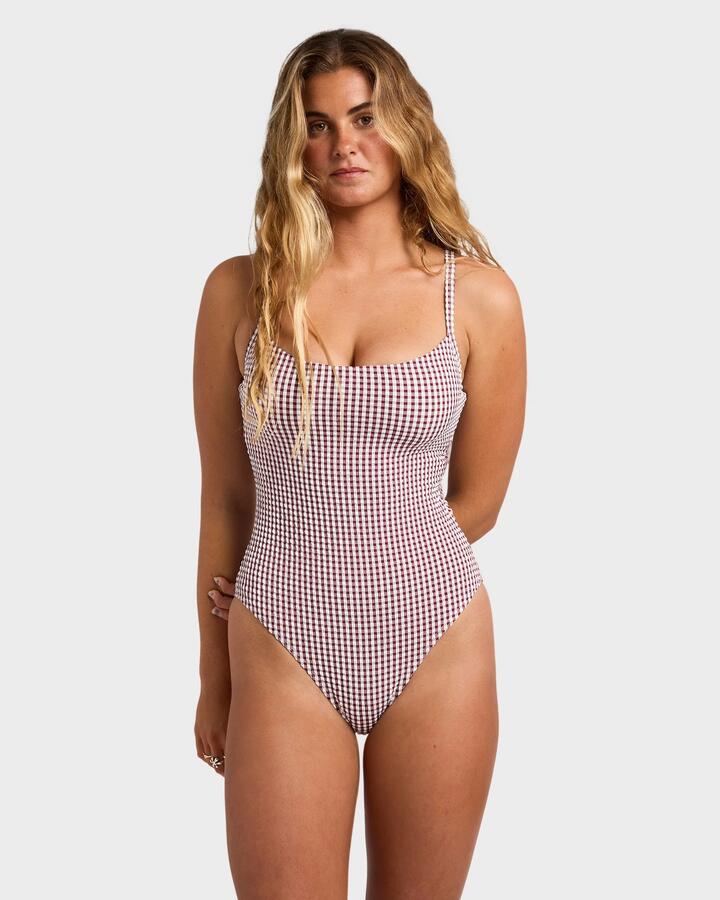 Image of Swimwear. Product name - Billabong Womens Mini Wave Check One Piece Swimsuit Red Dahlia in Red Dahlia colour by brand - Billabong