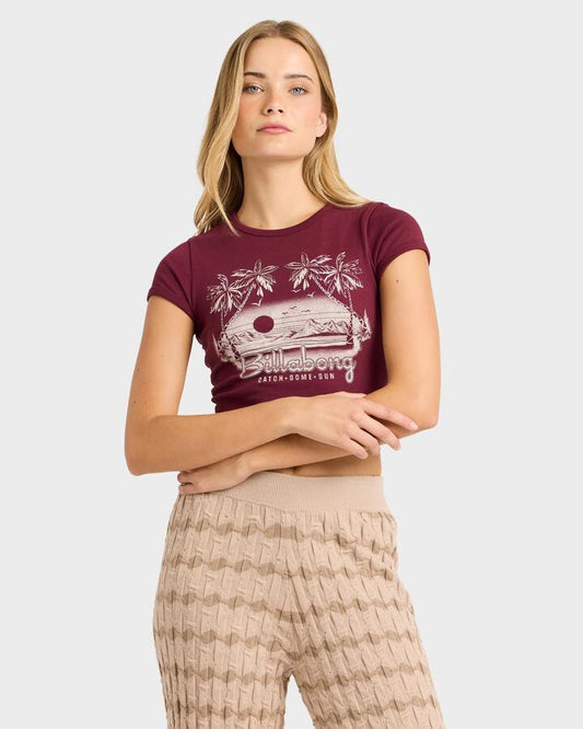 Image of T-Shirts. Product name - Billabong Womens Catch Some Sun T-Shirt Red Dahlia in Red Dahlia colour by brand - Billabong