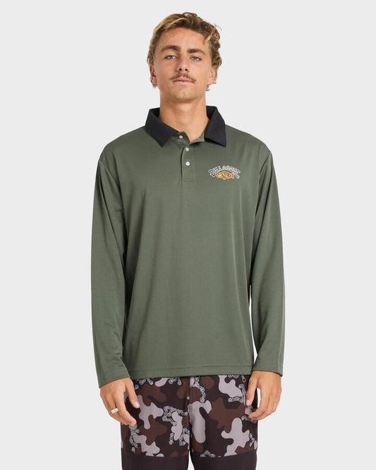 Image of a model wearing Tops. Product name - Billabong Mens Otis Mangrove Fisho Long Sleeve Rash Vest Pine in Pine colour by brand - Billabong