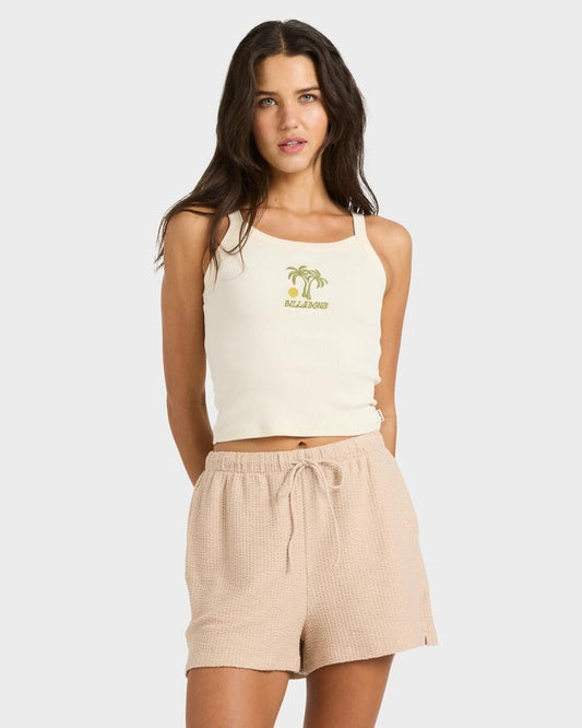 Image of a model wearing Shorts. Productname: billabong Womens Maya Elastic Waist Shorts Oatmeal - in Oatmeal colour by brand - Billabong