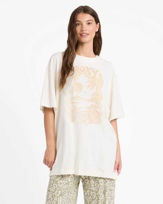 Image of a model wearing Tops. Productname: roxy Womens Breezy Bay T-Shirt Bone - in Bone colour by brand - Roxy