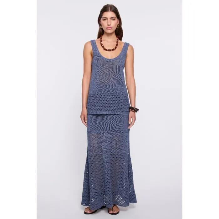 Image of a model wearing Tops. Productname: Arki Knit Tank in Indigo Steel colour by brand - sass and bide
