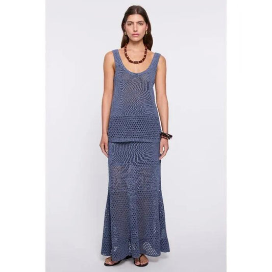 Image of a model wearing Tops. Productname: Arki Knit Tank in Indigo Steel colour by brand - sass and bide