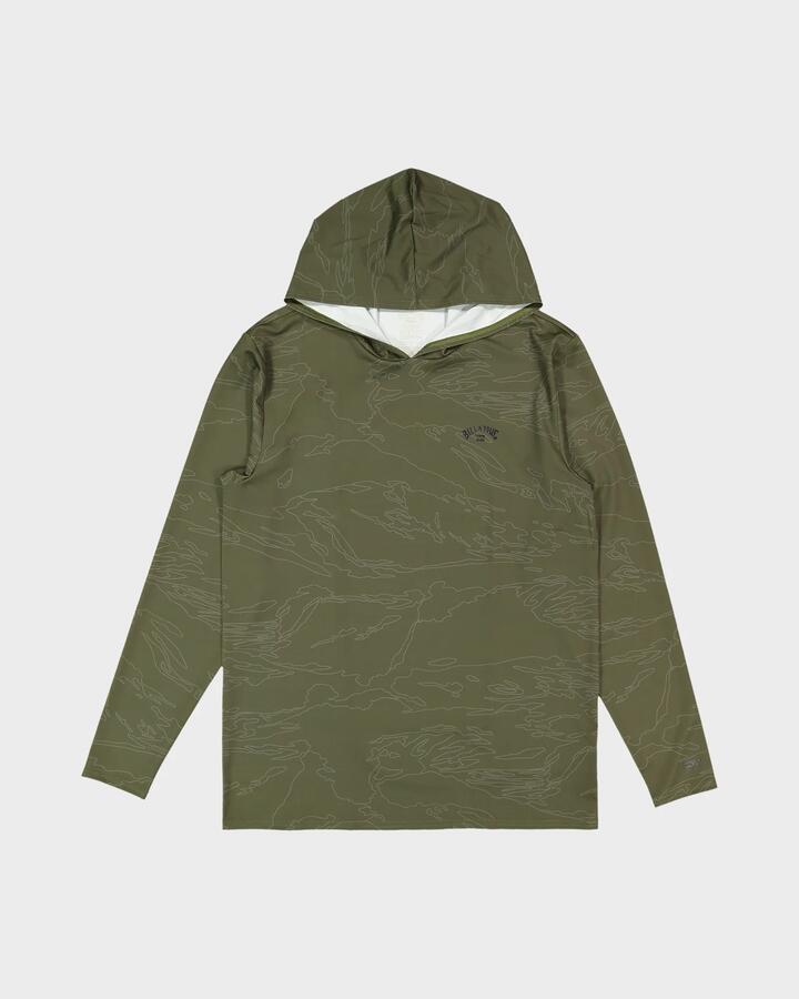 Image of a model wearing Tops. Productname: billabong Mens Arch Mesh Loose Hooded Long Sleeve Rashvest Camo - in Camo colour by brand - Billabong