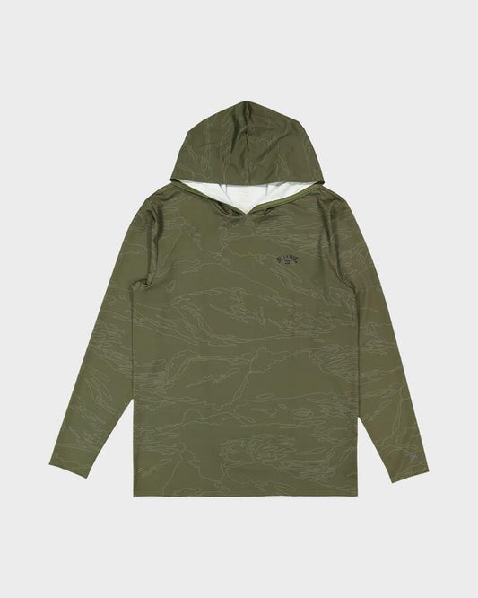 Image of a model wearing Tops. Productname: billabong Mens Arch Mesh Loose Hooded Long Sleeve Rashvest Camo - in Camo colour by brand - Billabong