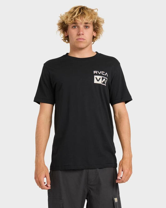 Image of a model wearing Tops. Productname: rvca Mens Glitch T-Shirt Rvca Black - in Rvca Black colour by brand - Rvca