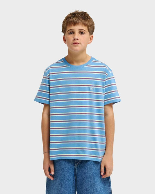 Image of a model wearing Tops. Productname: element Boys 8-16 Icon Embroidery T-Shirt Washed Stripes Riviera - in Washed Stripes Riviera colour by brand - Element