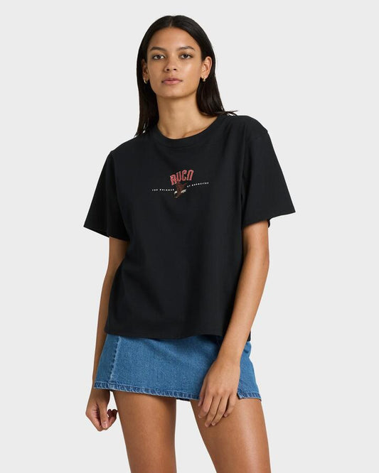 Image of a model wearing Tops. Productname: rvca Womens Rvca Easy T-Shirt Black Wash - in Black Wash colour by brand - Rvca