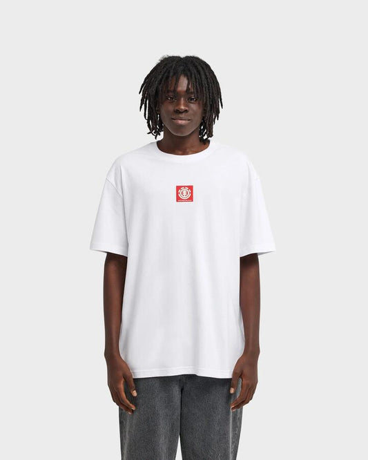 Image of a model wearing Tops. Productname: element Mens Square Logo T-Shirt Optic White - in Optic White colour by brand - Element