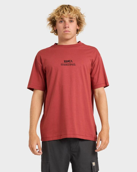 Image of a model wearing Tops. Productname: rvca Mens Venom Bite T-Shirt Dusty Red - in Dusty Red colour by brand - Rvca