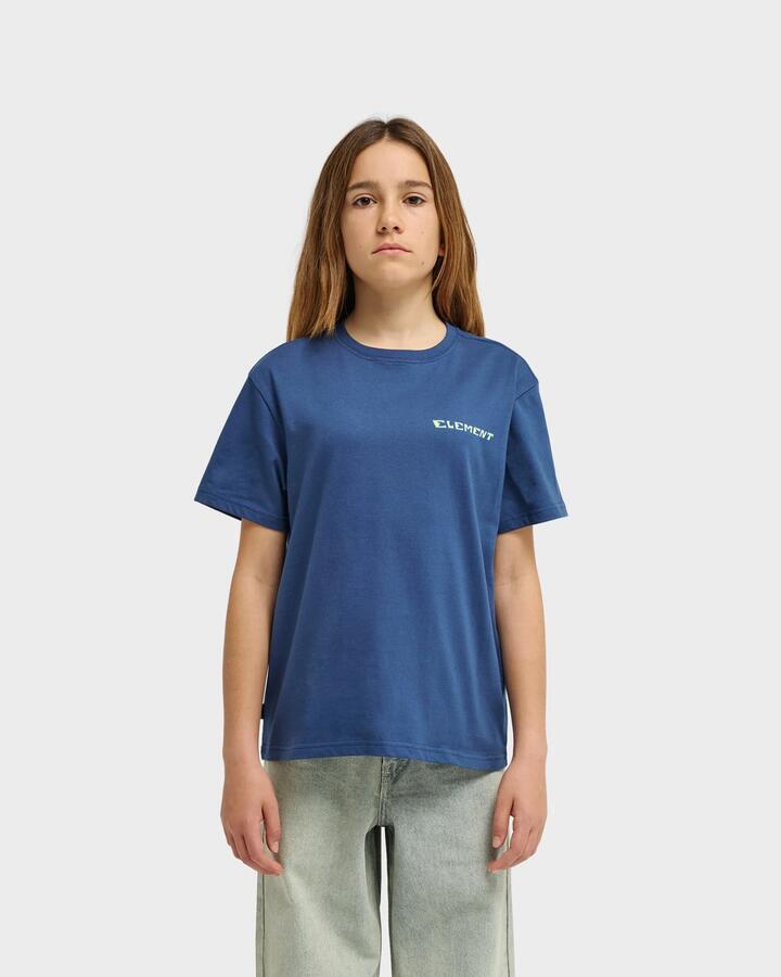 Image of a model wearing Tops. Productname: element Boys 8-16 Fortune T-Shirt Dark Denim - in Dark Denim colour by brand - Element
