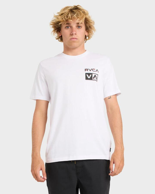 Image of a model wearing Tops. Productname: rvca Mens Glitch T-Shirt White - in White colour by brand - Rvca