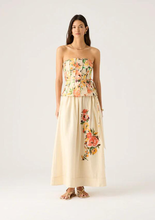 Image of a model wearing Tops. Productname: Luciana Strapless Top in Lucian Print colour by brand - MOS The Label