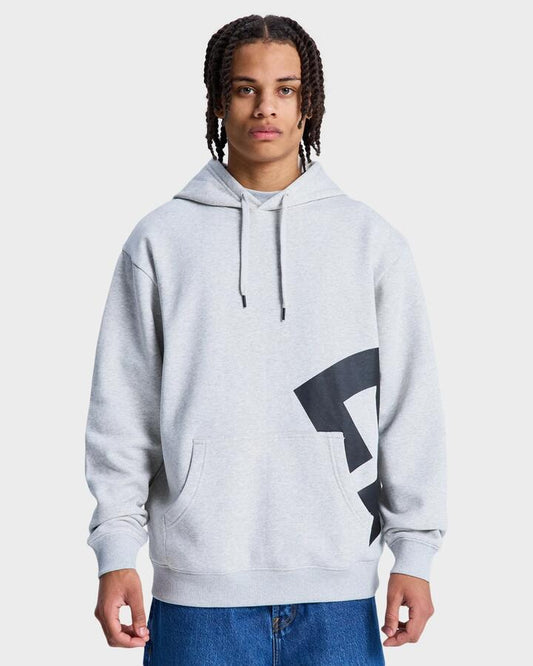 Image of a model wearing Outerwear. Productname: DC Shoes Mens Lanai Pullover Hoodie Light Heather Grey - in Light Heather Grey colour by brand - DC Shoes