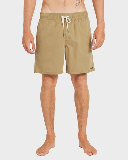 Image of a model wearing Shorts. Productname: rvca Mens Opposites Elastic 2 17" Hybrid Shorts Coyote - in Coyote colour by brand - Rvca