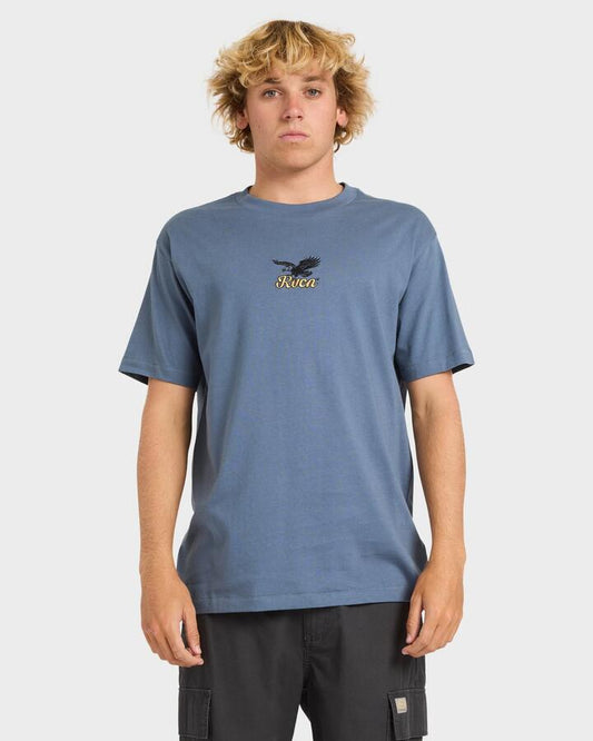 Image of a model wearing Tops. Productname: rvca Mens On Wings T-Shirt Vintage Navy - in Vintage Navy colour by brand - Rvca