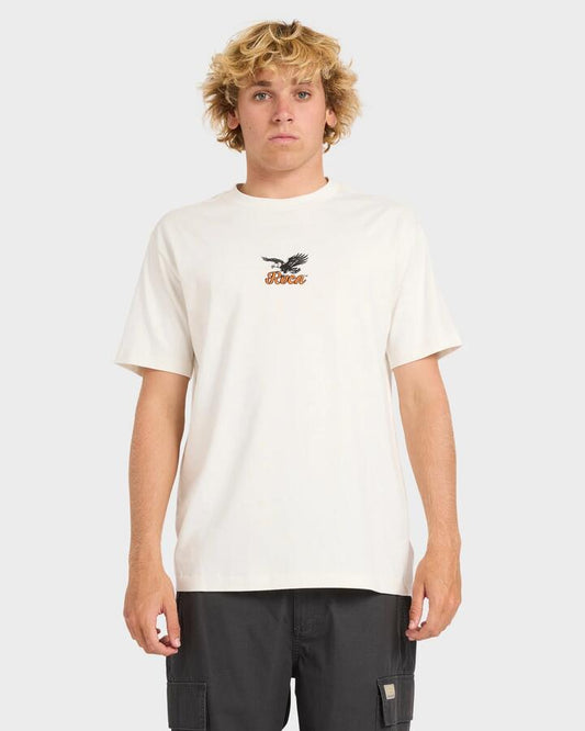 Image of a model wearing Tops. Productname: rvca Mens On Wings T-Shirt Antique White - in Antique White colour by brand - Rvca