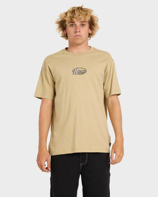 Image of a model wearing Tops. Productname: rvca Mens Corral T-Shirt Khaki - in Khaki colour by brand - Rvca