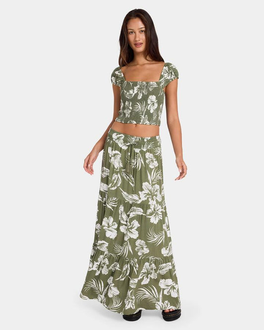 Image of a model wearing Skirts. Productname: Volcom Womens Viper Maxi Skirt Moss Stone - in Moss Stone colour by brand - Volcom