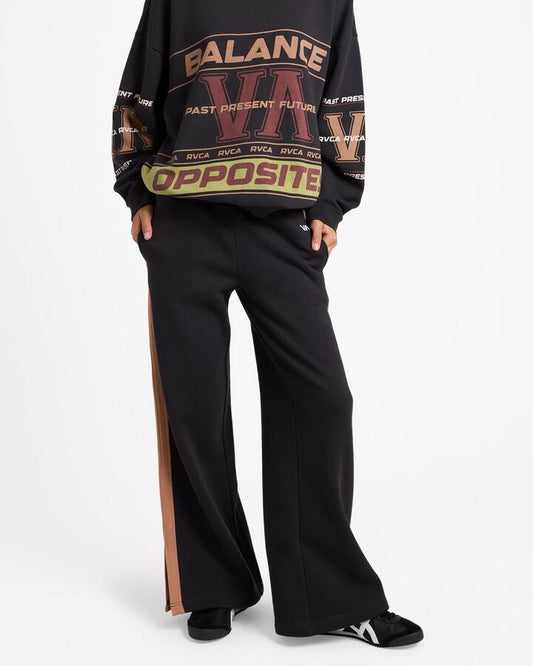 Image of a model wearing Pants. Product name - RVCA Womens Benchwarmer Trackpants Washed Black in Washed Black colour by brand - RVCA