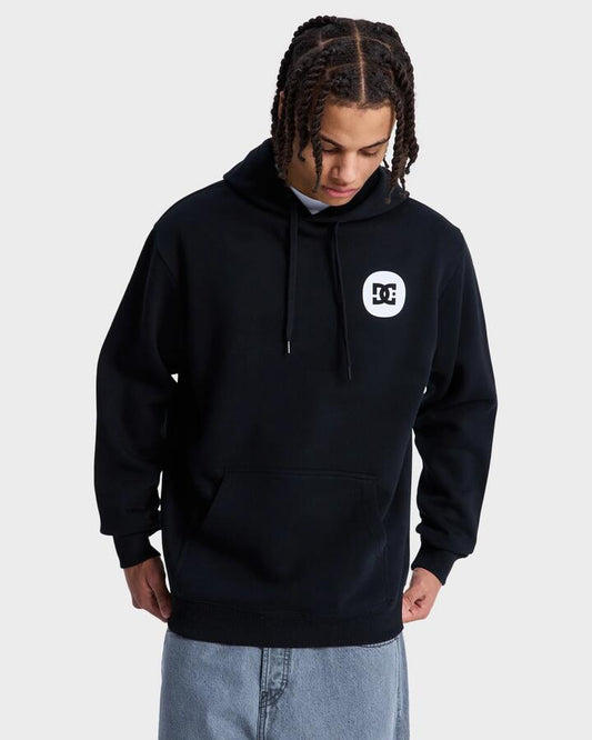 Image of a model wearing Outerwear. Productname: DC Shoes Mens Shaped Destroy Pullover Hoodie Black - in Black colour by brand - DC Shoes