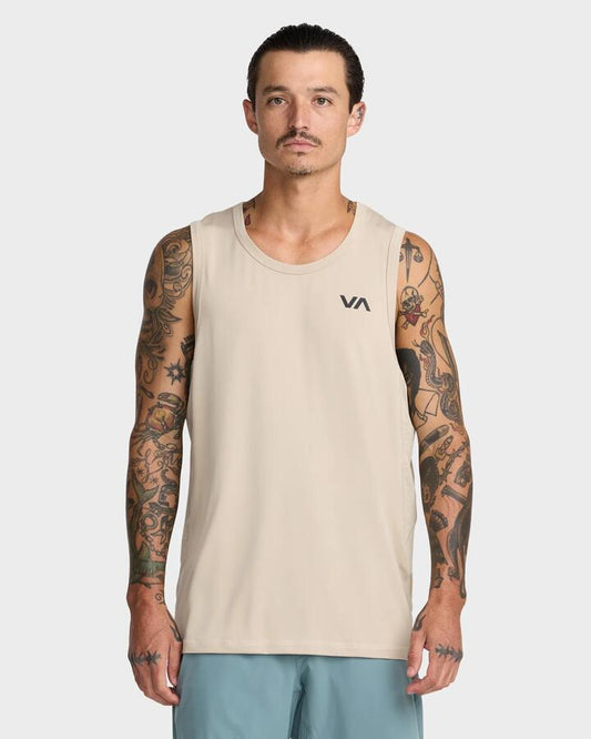 Image of a model wearing Tops. Productname: rvca Mens Sport Vent Tank Top Light Khaki - in Light Khaki colour by brand - Rvca
