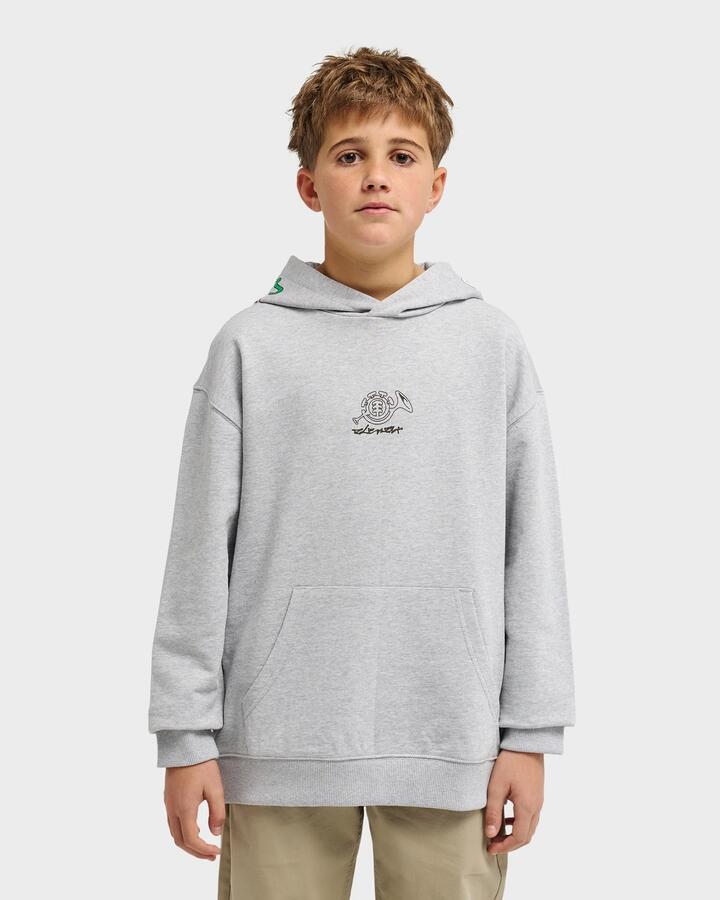 Image of a model wearing Outerwear. Product name - Element Boys 8-16 Horn Hooded Sweatshirt Mid Grey Heather in Mid Grey Heather colour by brand - Element