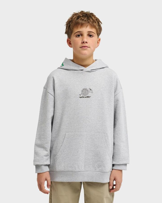 Image of a model wearing Outerwear. Product name - Element Boys 8-16 Horn Hooded Sweatshirt Mid Grey Heather in Mid Grey Heather colour by brand - Element