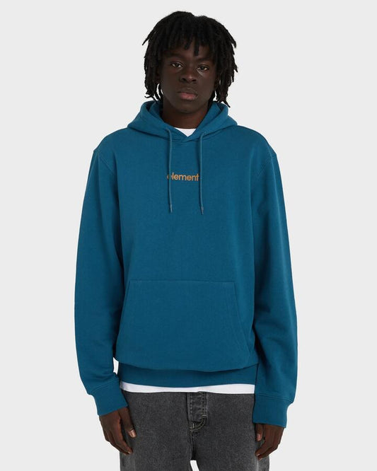 Image of a model wearing Outerwear. Productname: element Mens Simple Logo Pullover Hoodie Mallard Blue - in Mallard Blue colour by brand - Element