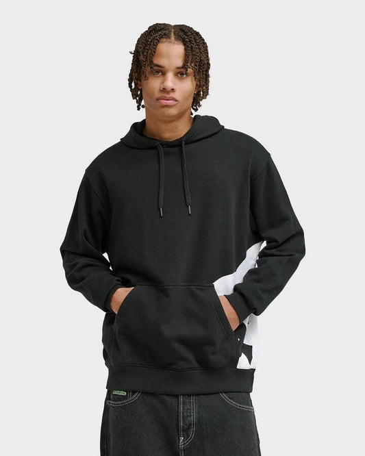 Image of a model wearing Outerwear. Productname: DC Shoes Mens Lanai Pullover Hoodie Black - in Black colour by brand - DC Shoes