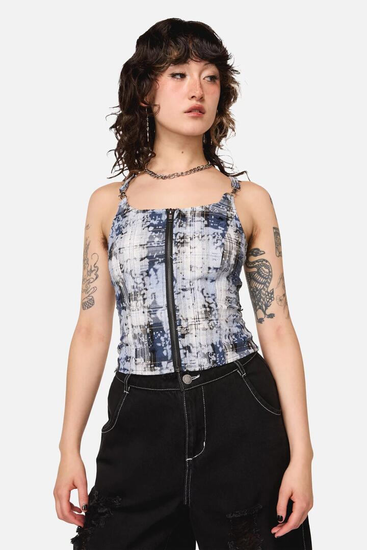 Image of a model wearing Tops. Productname: Fiendish Tartan Goth Top in Multi colour by brand - Dangerfield