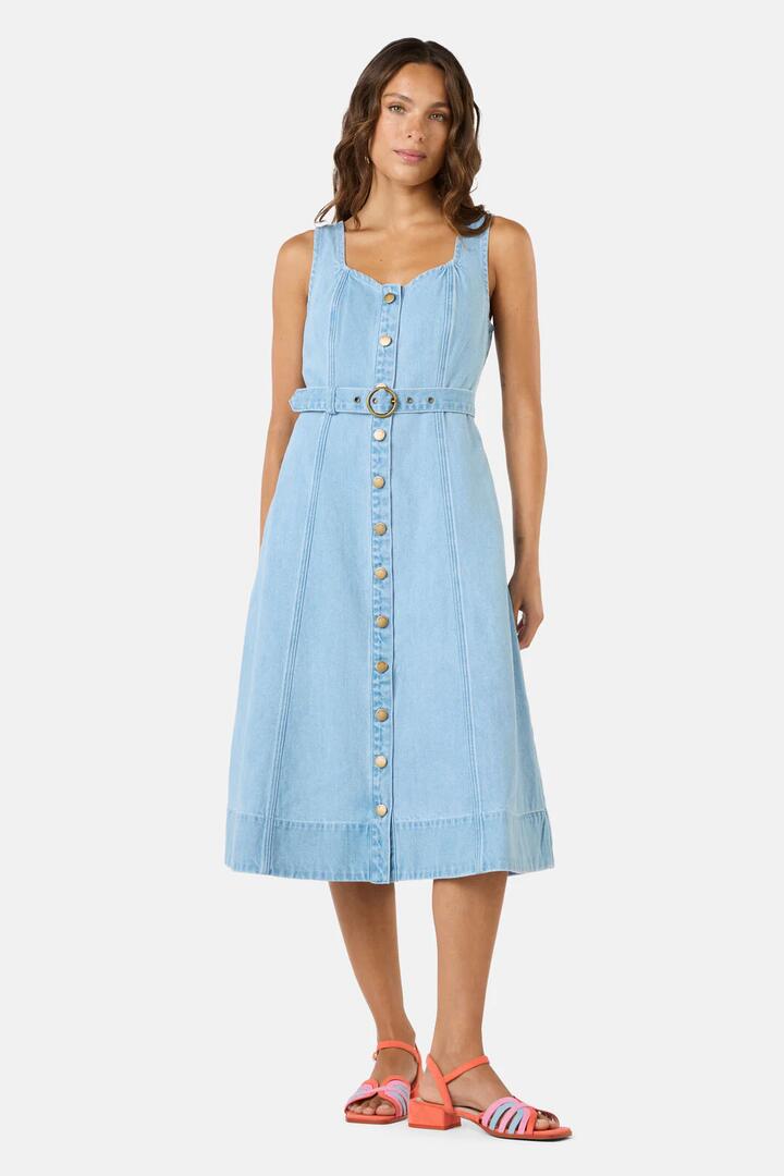 Image of a model wearing Denim. Productname: Sweetheart Denim Midi Dress in Denim colour by brand - Gorman
