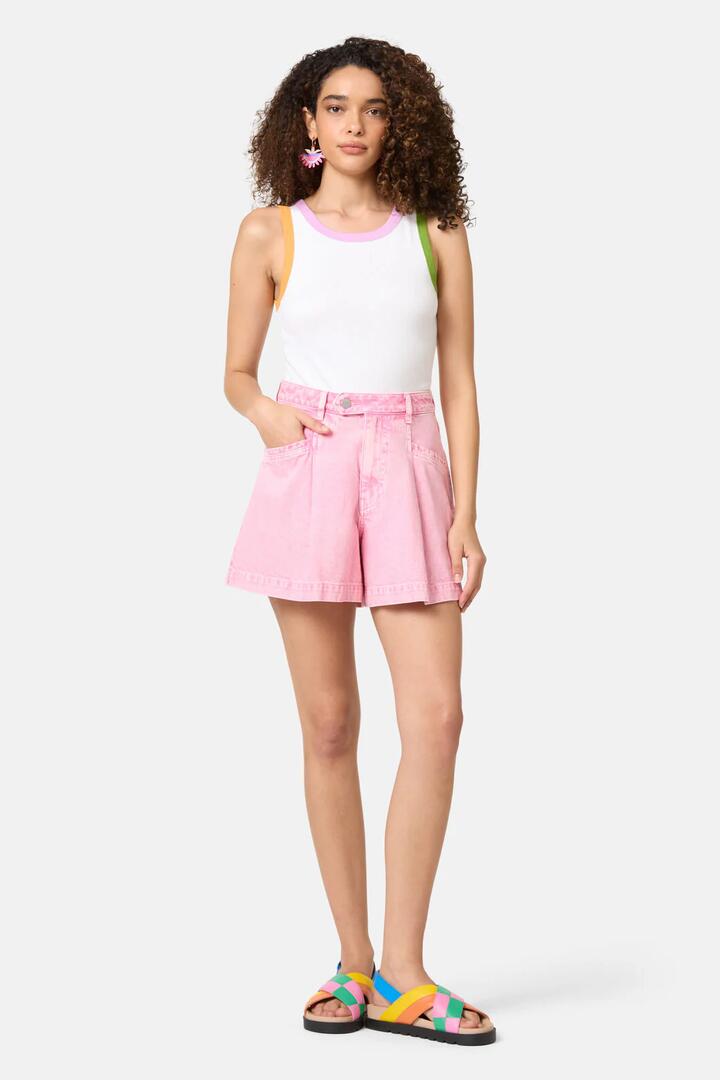 Image of a model wearing Shorts. Productname: Blossom Denim Short in Pink colour by brand - Gorman