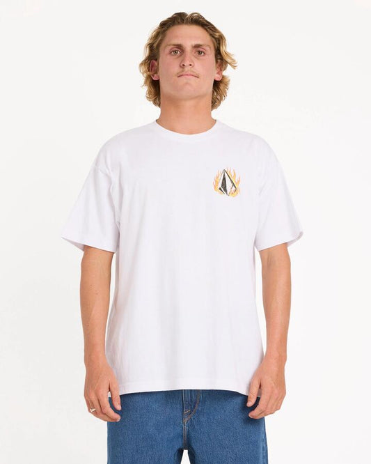 Image of a model wearing Tops. Productname: volcom Mens Double Fantasy T-Shirt White - in White colour by brand - Volcom