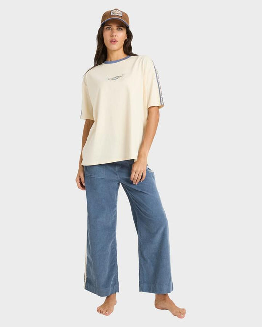 Image of a model wearing Pants. Productname: billabong Womens Sea Tone Corduroy Pants Stone Blue - in Stone Blue colour by brand - Billabong