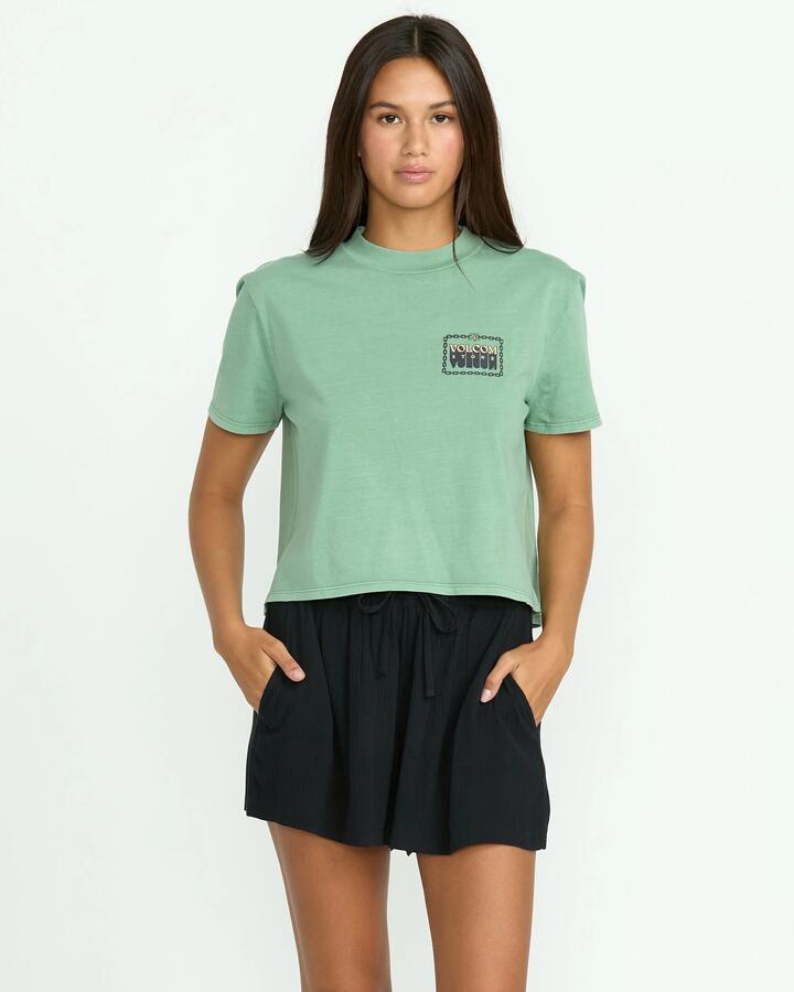 Image of a model wearing Shorts. Productname: Volcom - Womens Stone Shine Elastic Waist Shorts - Black - in Black colour by brand - Volcom