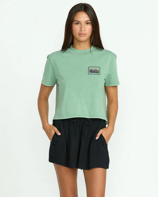 Image of a model wearing Shorts. Productname: Volcom - Womens Stone Shine Elastic Waist Shorts - Black - in Black colour by brand - Volcom