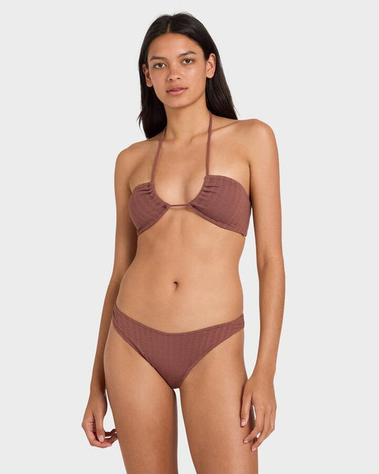Image of a model wearing Tops. Productname: rvca - Womens Pucker Bandeau Bikini Top - Terra Brown - in Terra Brown colour by brand - rvca