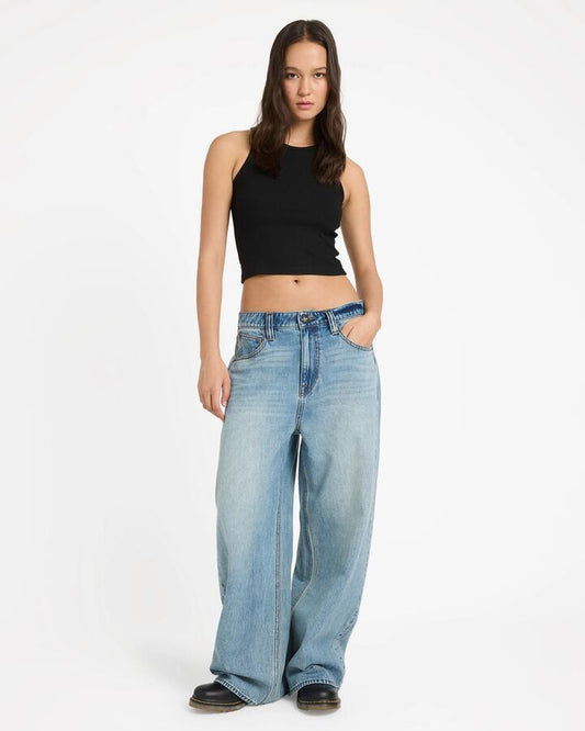 Image of Jeans. Product name - Volcom Womens Beeggy Denim Jeans Dusty Blue Wash in Dusty Blue Wash colour by brand - Volcom