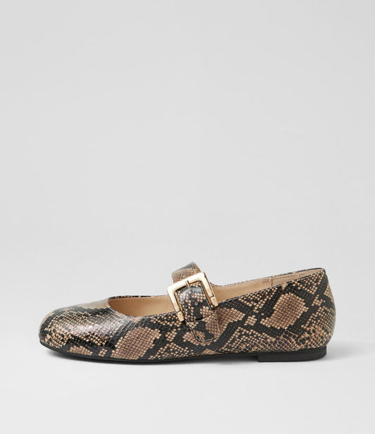 Image of Shoes. Productname: Ranilla Fawn Black Snake Leather Flat Shoes in Fawn-Black colour by brand - MOLLINI