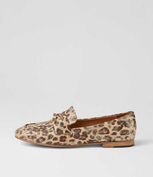Image of Flats. Productname: Ulacka Latte Metallic Leopard Leather Loafers in Latte Met Leopard colour by brand - MIDAS