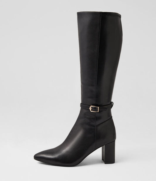 Image of Boots. Productname: Clarvoy Black Leather Stretch Knee High Boots in Black colour by brand - MIDAS