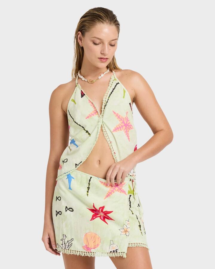 Image of a model wearing Tops. Productname: billabong - Womens Lottie Hall Halter Top - Sunny Lime - in Sunny Lime colour by brand - billabong