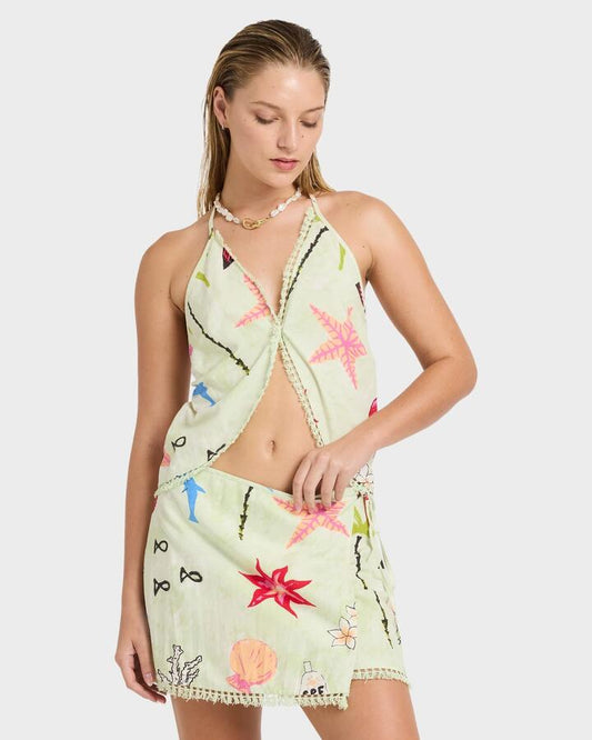 Image of a model wearing Tops. Productname: billabong - Womens Lottie Hall Halter Top - Sunny Lime - in Sunny Lime colour by brand - billabong